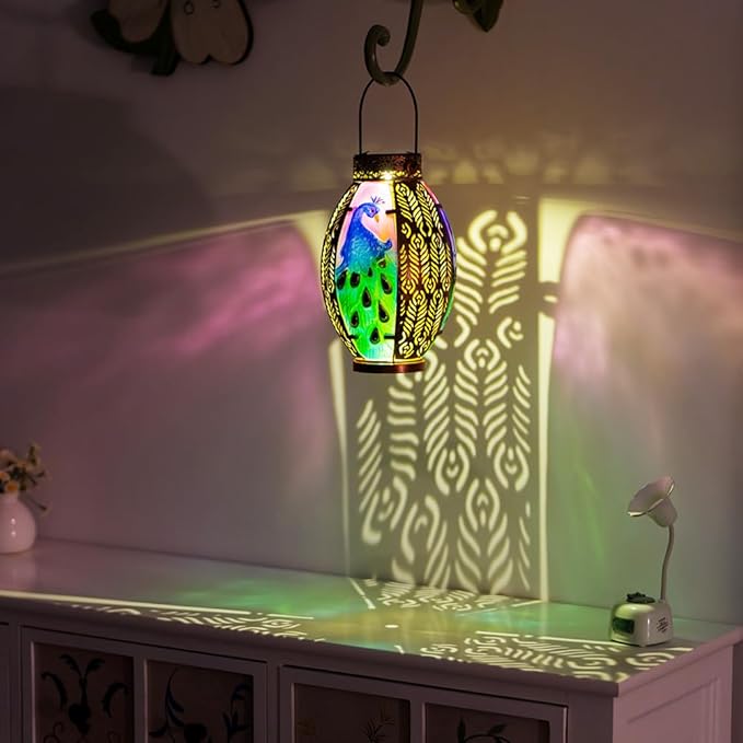 Peacock Solar Lantern Outdoor Lights, Hanging Solar Lanterns Waterproof Lamp Tasktop Garden Porch Yard Decor, Birthday Gifts Light for Women Mom Grandma
