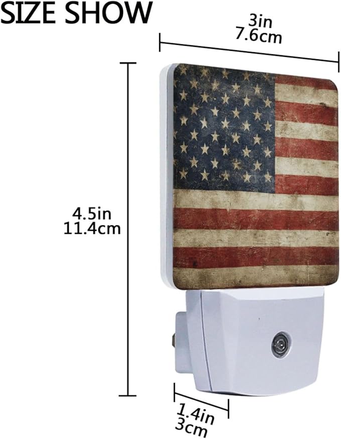 Grunge American Flag Night Light 4th of July Memorial Day Nightlights Plug-in LED Patriotic Nightlight Set of 2 Auto Dusk-to-Dawn Sensor Lamp for Bedroom Bathroom Kitchen Hallway Stairs