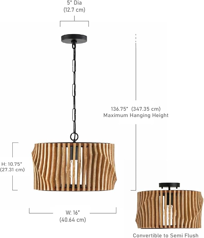 Capital Lighting 244632WK Archer Modern Artisan-Crafted Mango Wood Dual Mount Pendant/Semi Flush Ceiling Light, 1-Light 100 Watt, 11" H x 16" W, Light Wood and Matte Black