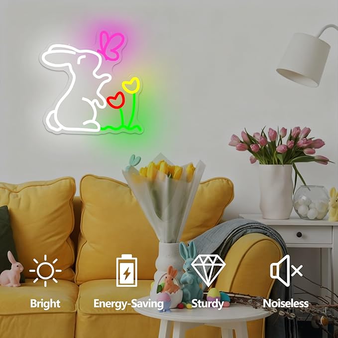 Spring Bunny & Butterfly & Tulip Flower Neon Sign Dimmable Easter Bunny Led Sign Cute Spring Rabbit Neon Light Sign Easter Window Lights Gardening Gifts