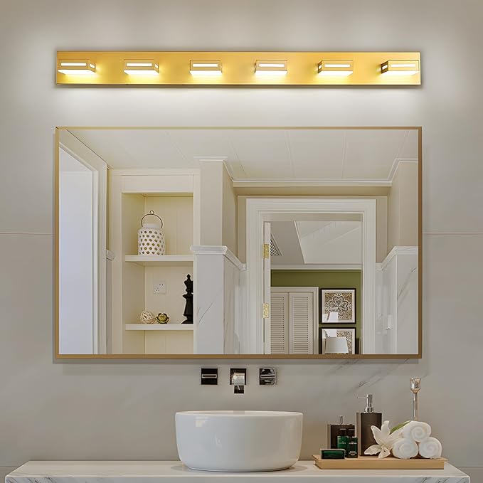 48-Inch 6-Light LED Modern Gold Bathroom Vanity Light Fixtures Over Mirror, Bathroom Lighting Fixtures with Cool White 6000K, Vanity Wall Lights for Bath Restroom Powder Room