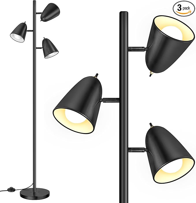 QiMH Tree Floor Lamp with 3 Light Bulbs, Standing Tall Pole Lamps for Living Room Bedroom Office, Reading Stand up Lamps with 3 Adjustable Arms, Black