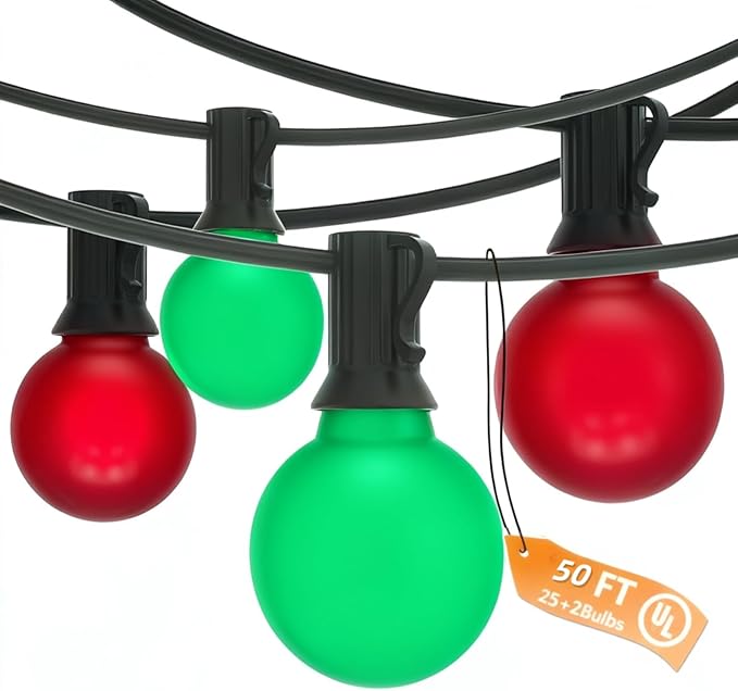 50Ft Outdoor Frosted Red and Green Christmas Lights,G40 Globe Patio Christmas Lights with 25 Red and Green Bulbs(2 Spare),Vintage Hanging Xmas for Tree Garden Porches Holiday