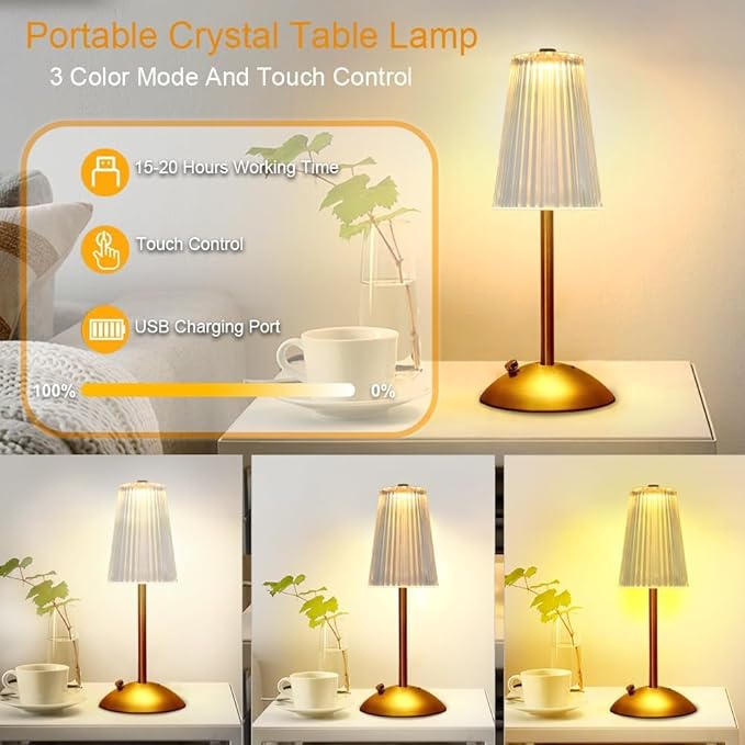 Portable Crystal Metal Desk Lamp,3-Color Touch Control, Rechargeable Battery - Ideal Bedside Lamp for Bedroom Nightstand (Golden)