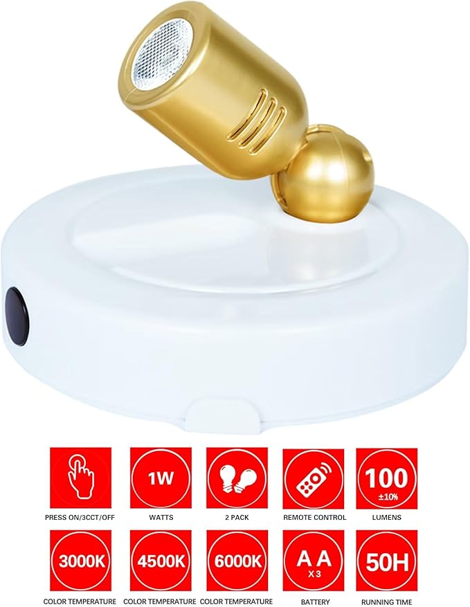 Picture Light Battery Operated, 3 Color Temperatures Picture Light with Remote, Indoor LED Spot Lights for Plants for Wall Frame Dartboard Art Painting Display Accent-White Gold