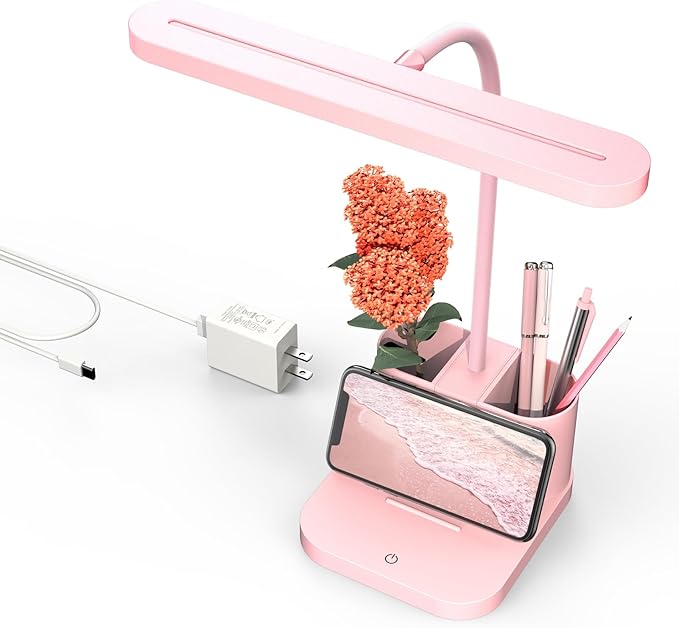 AXX Pink Desk Lamp for Home Office, Cute Table Lights for Bedrooms, Kawaii, Dimmable LED, Flexible Gooseneck, Pen Holder, Touch Control, Room College Dorm Essentials for Teen Girls Kids