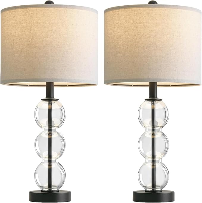 Oneach 24" Glass Table Lamps Set of 2, Black Modern Table Lamps with USB Ports for Living Room, Linen Shade Bedside Lamps for Bedroom, Nightstand, Side Table (Bulbs not Included)