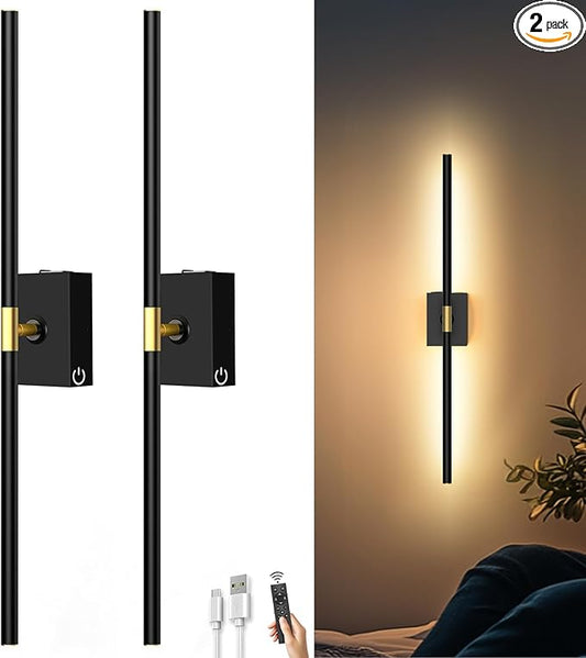 iThird Battery Operated Wall Sconces Set of 2: 10000mAh Rechargeable Wall Lights with Remote Control, 360° Rotate Wireless Wall Scone Decor for TV/Mirror Bedroom Living Room, 31.5 Inch, Black