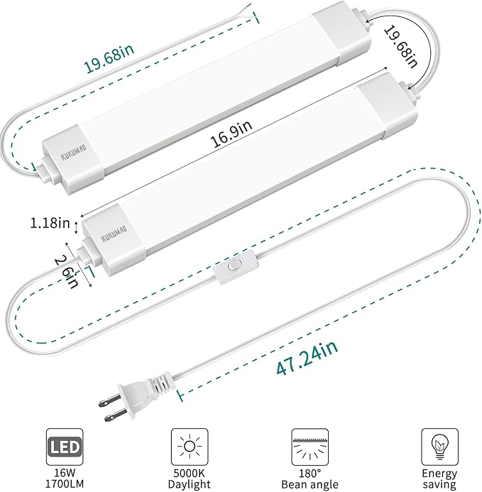 KUKUMAO LED Tube Light Fixture with Plug, 1.4FT 1800LM 5000K Closet Lights, Linkable Cabinet Light for Garage, Kitchen, Bathroom, Closet, Office