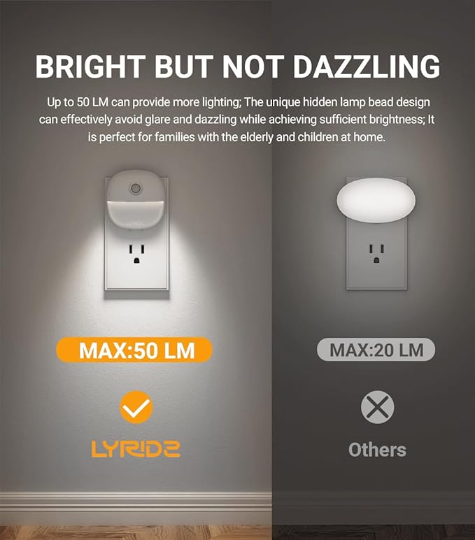 Lyridz Plug in Night Light with Motion Sensor and Dusk to Dawn Sensor, Dimmable Cool White Nightlight with 1-50lm Adjustable Brightness for Bedroom, Bathroom, Stairs, Hallway, 2 Pack