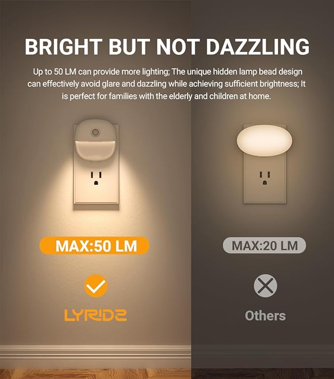 Lyridz Plug in Night Light with Motion Sensor and Dusk to Dawn Sensor, Dimmable Warm Nightlight with 1-50lm Adjustable Brightness Indoor for Bedroom, Bathroom, Stairs, Hallway, 2 Pack