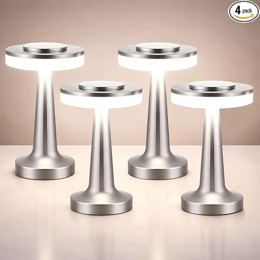 Riakrum 4 Pcs LED Portable Cordless Table Lamp with Touch Sensor 3 Color Stepless Dimming Rechargeable Battery up to 15 Hours Cordless Table Light Wireless Lamp for Nursery (Silver)