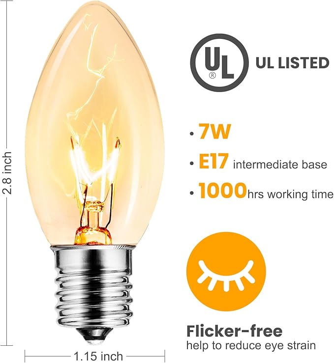 Brightown 100 Pack C9 Incandescent Light Bulbs, Christmas C9 Replacement Bulbs for Christmas String Lights, Christma Tree, Indoor Outdoor Holiday Decor, E17 Intermediate Base, 7 Watts, Clear