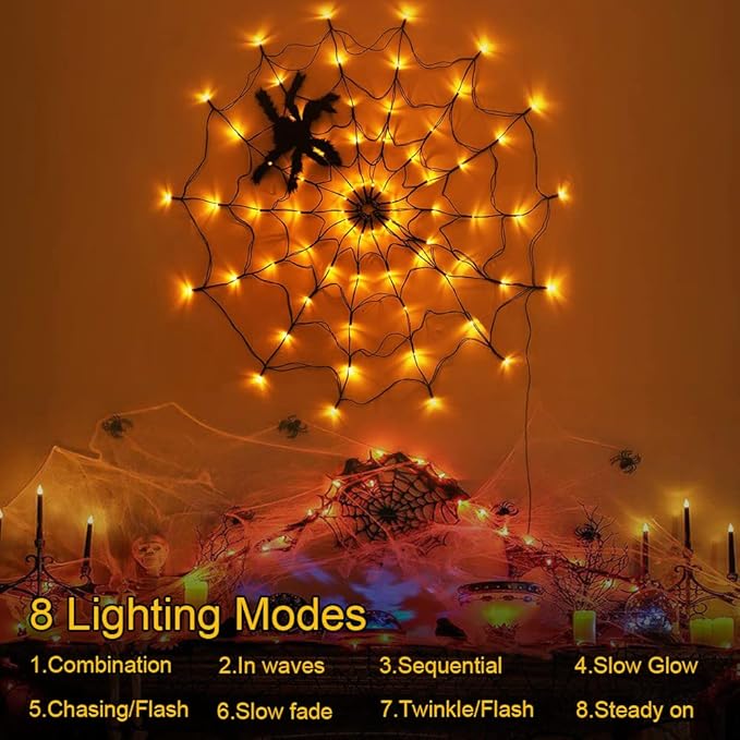 Halloween Decorations Spider Web Lights - 4FT Diameter 70 LEDs with Black Spider, Waterproof Net Lights, Remote Control, 8 Modes Cobweb Halloween Decorations for House Garden Indoor Outdoor (Orange)