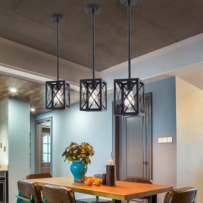 Industrial Pendant Light Fixture, Single Light Black Mini Hanging Chandelier Farmhouse Kitchen Island Lantern Cage Ceiling Lights for Dining Room Restaurant Cafe Hallway Bar Barn