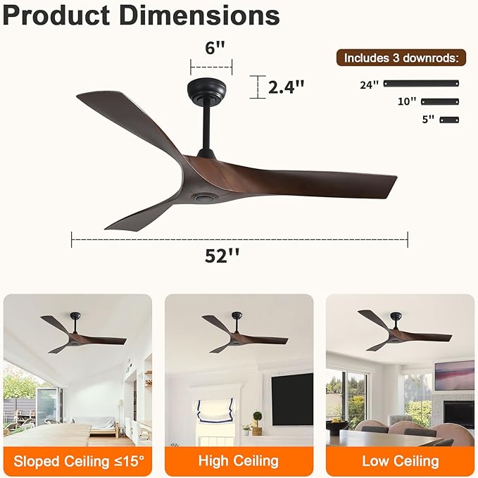 CACI Mall Ceiling Fan No Light, 52 inch Low Profile Flush Mount Modern Ceiling Fan with Remote Control and Reversible DC Motor, for Bedroom Living Room Patio Indoor Outdoor, Brown