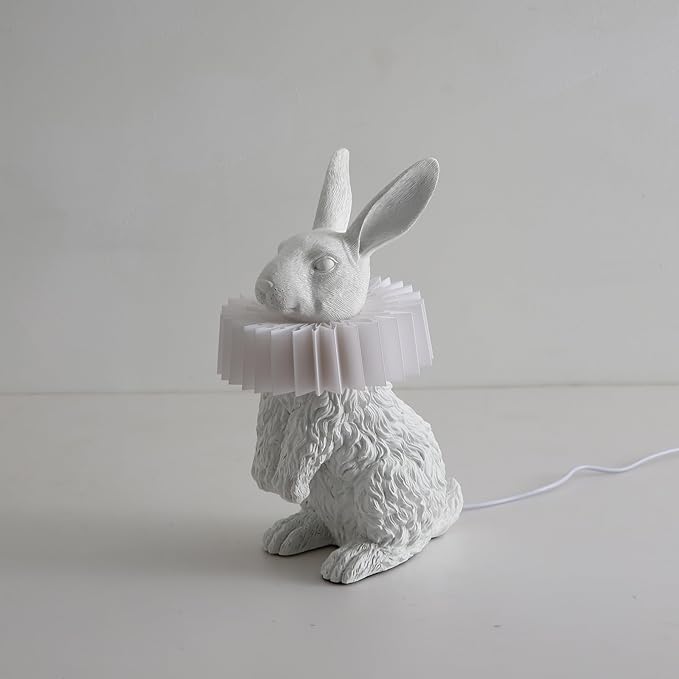 White Rabbit Lamp,Resin Crafted Scarf Bunny Table Lamp Featuring White Pleated PC Lampshade,USB Plug, Energy-Efficient Kids Nightstand Lamp