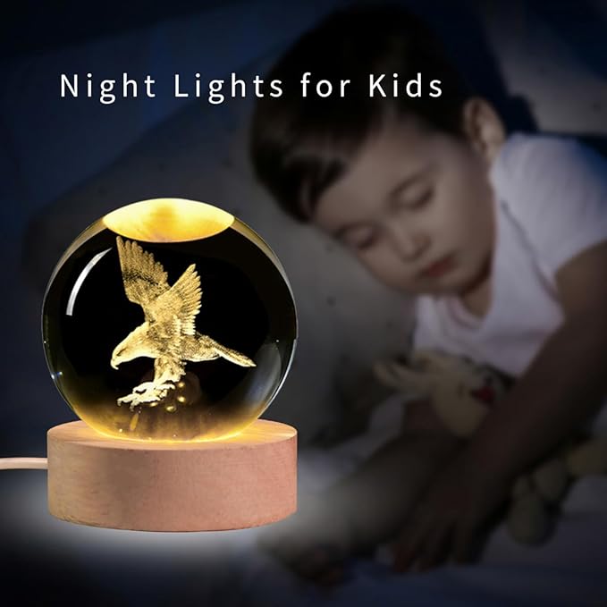3D Laser Etched Eagle Crystal Ball, Eagle Statue Decor Crystal Sphere Lamp Night Light, Glass Animal Figurines Collectibles Gifts for Women Kids
