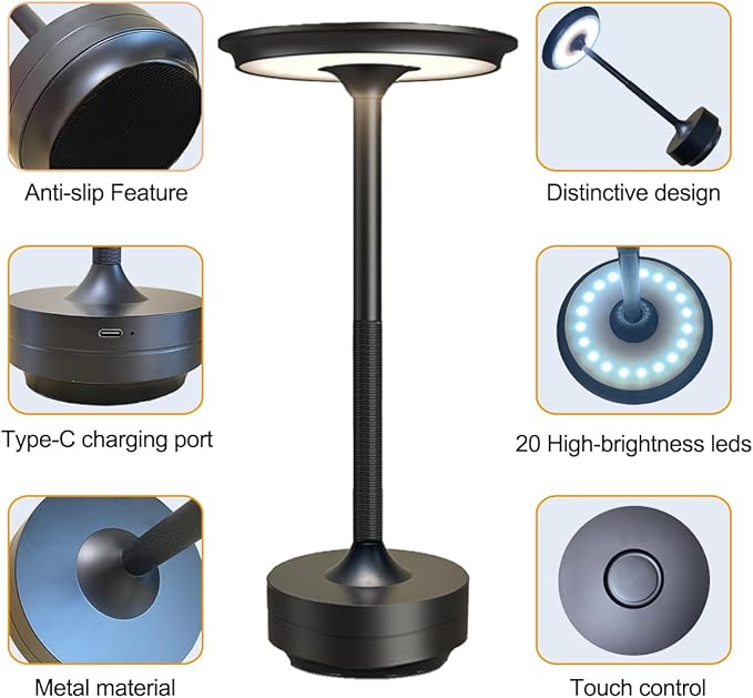 Ecolume Cordless Table Lamp,LED Portable Battery Operated Lamp, Dimmable Stepless 3-Color LED with Memory Function. Portable for Home Office/Dinner/Restaurant/Living Room.(Black)