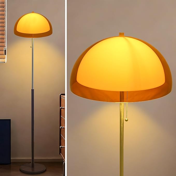 Mushroom Floor Lamp 60" Orange Floor Lamp Mid Century Globe Acrylic Standing Lamp with E26 3-Color Dimmable MCM Wood Tall Light for Living Room Bedroom Study Dining Room(Includes Bulb)