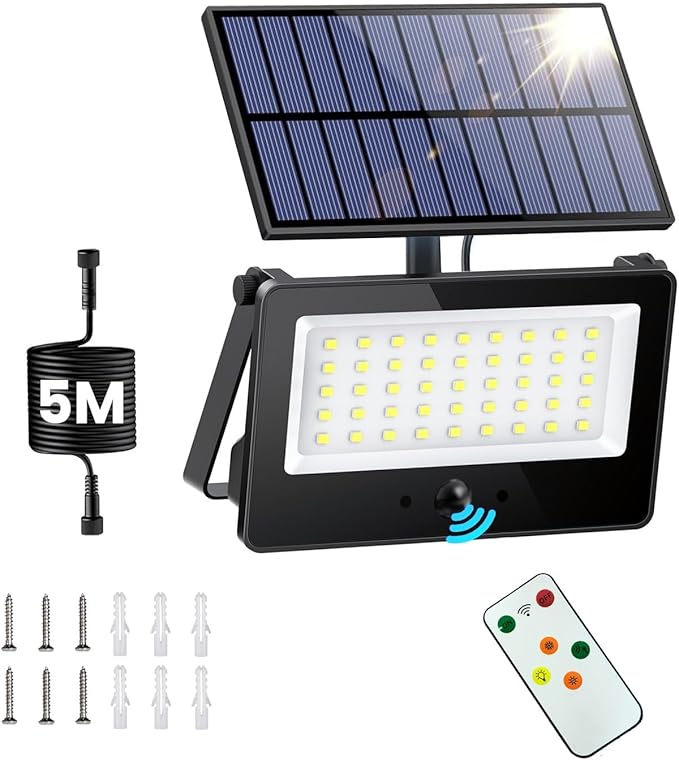 Solar Flood Lights Outdoor Waterproof with Remote Control, 1000LM 6500K 4 Modes 16.4FT Cable Solar Motion Flood Lights for Outside Wall Garage Shed Patio Yard Porch Garden Decor(Cool White)