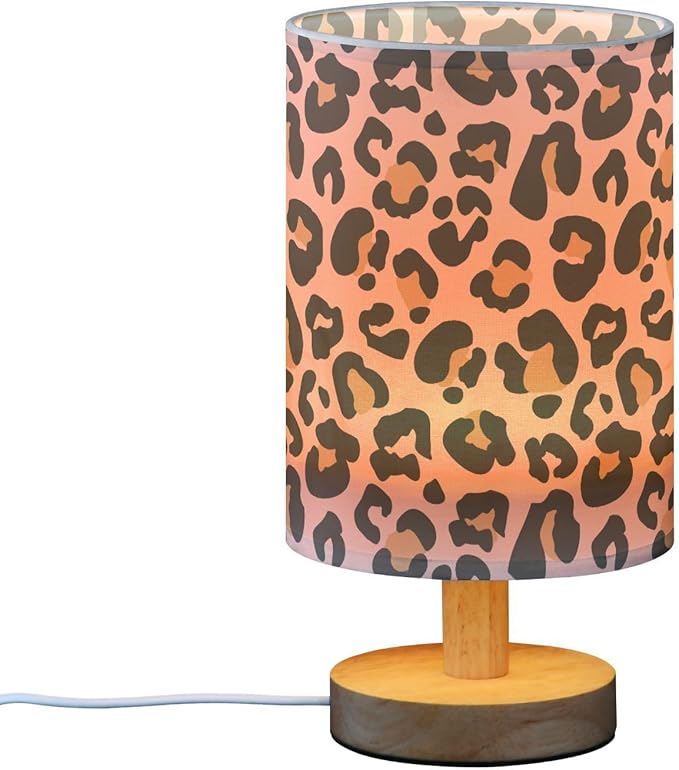 Bedside Table Lamp Pink Leopard Nightstand Lamp with Wood Animal Cheetah Print Desk Lamps for Bedroom Living Room Nursery Office Home Decor
