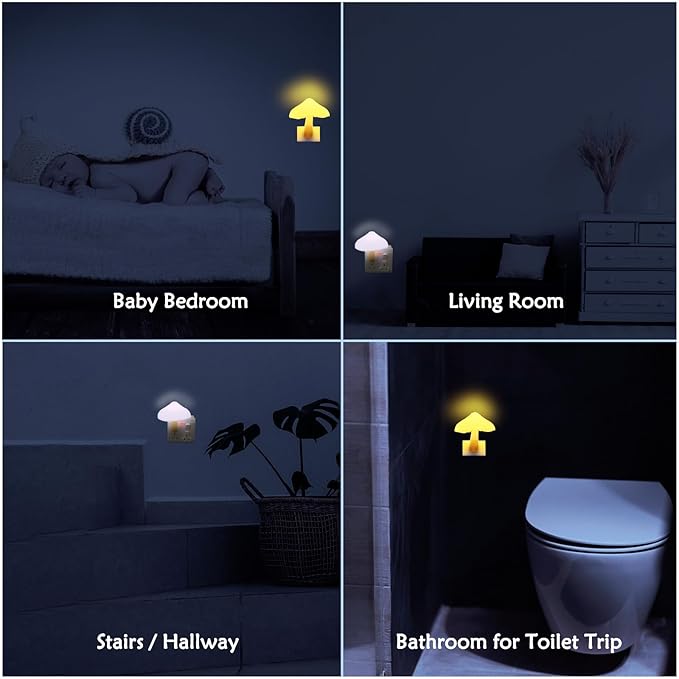 Sensor LED Mushroom Night Lights - 2Pack Plug into Wall Mushroom Lamp, Cute Dream Bed Nightlight for Kids Adults for Home Office, Bedroom, Bathroom Toilet, Stairs Hallway Corridor, Warm White & Yellow