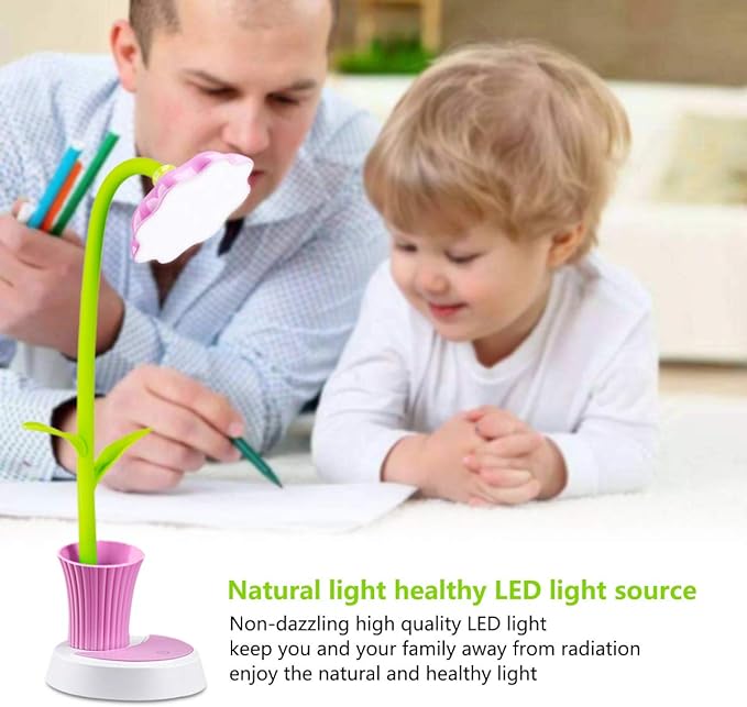 Desk Lamp for Kids Sunflower LED Charging Table Lamp Support Eye Protection Small Desk Folding for Reading,Study and Office, Adjustable Brightness - Pink