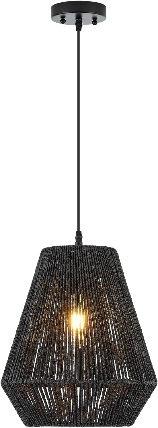 13” Boho Hand Woven Rattan Mini Chandelier Matte Black Classic Pendant Light for Kitchen Island Dining Room Hallway, UL Listed