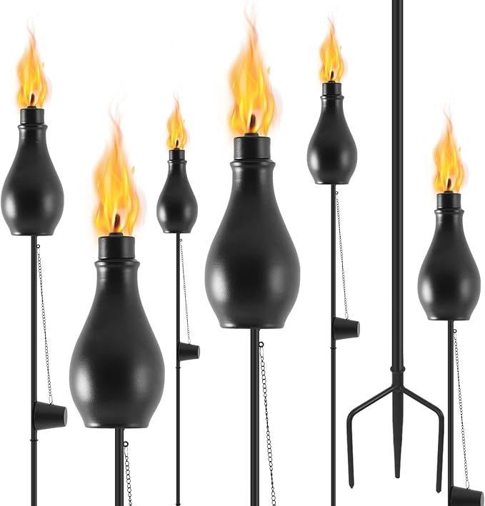 6 Pack Metal Torches for Outside, Upgraded Metal Torches with 3-Prong Grounded Stake, Extra-Large 59-Inch Citronella Torches for Party Patio Pathway