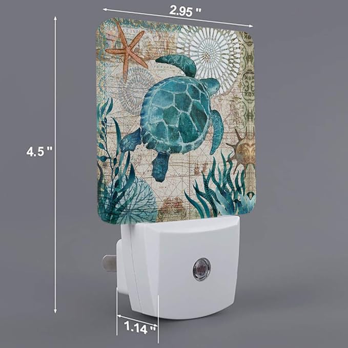 Vintage Ocean Turtle Plug-in LED Night Light,Starfish World Map Auto Dusk to Dawn Sensor Nightlights Plug into Wall,White Energy Efficient Night light for Bedroom,Bathroom,Kitchen,Stairs,Hallway