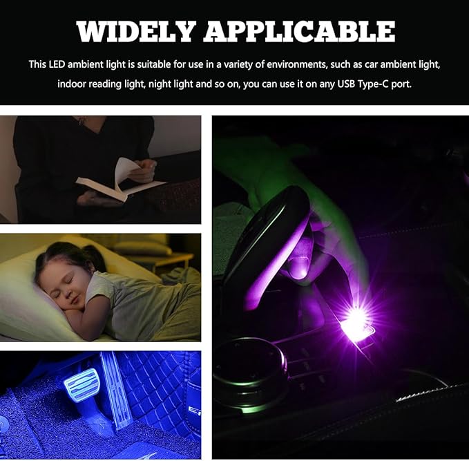 2PCS USB Type C LED Ambient Light, 8 Colors RGB LED Car Atmosphere Lamp with Adjustable Brightness, 5V Plug-in USB Night Lights Interior Decoration for Vehicle Home Office