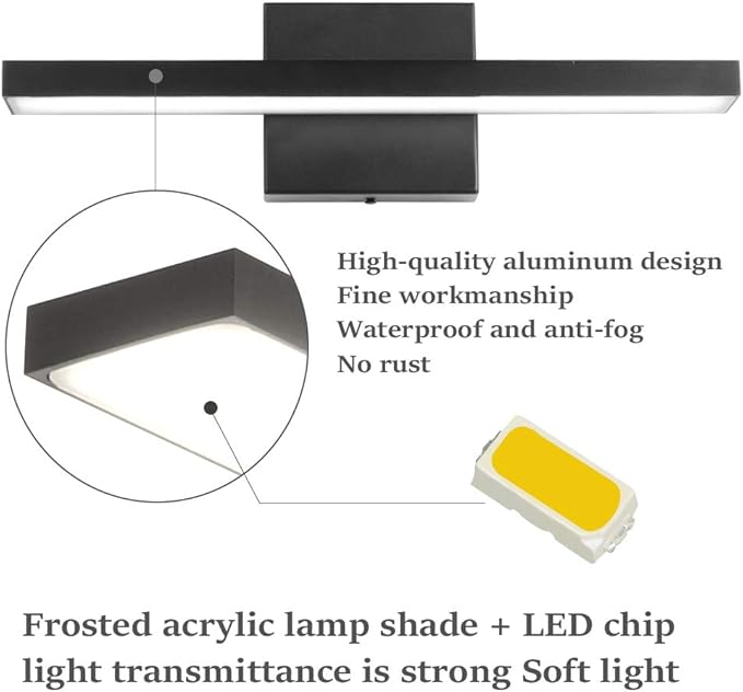 Ralbay 15.7 inch Modern LED Black Vanity Light 12W Frosted Aluminum for Bathroom Vanity Lighting Fixtures Cool White 6000K