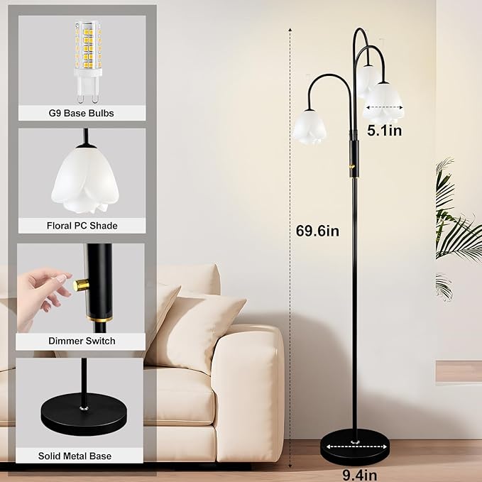 Lightdot 70IN Dimmable Floor Lamp for Living Room, 3 Light LED Tree Floor Lamp with Floral Shade& Bulb Included for Wedding/Party, Mid Century Standing Tall Lamp for Sofa Beside/Corner Decor-Black