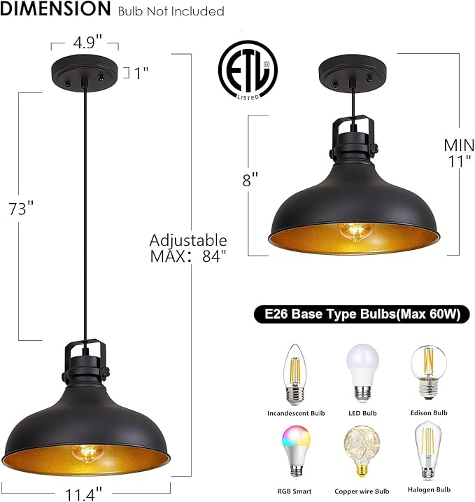 Black Farmhouse Pendant Lights Matte Pendant Lighting for Kitchen Island Industrial Adjustable Height Vintage Dome Hanging Light Fixtures for Barn, Dining Room 2 Packs