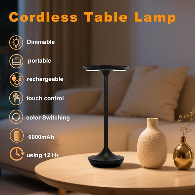 2 Pack LED Rechargeable Cordless Table Lamps,Portable Outdoor 6000 mAh Battery Operated Table Light Touch Control 3 Color Dimmable Waterproof for Patio/Cofee/Restaurant/Camping/Dining/ Bedroom-Black