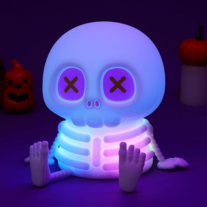 Skull Night Light, Cute Silicone LED Skeleton Lamp, Color Changing & Dimmable Helloween Room Decor, Squishy Cordless Rechargeable Nightlight, Bedside Light for Christmas Halloween Gifts
