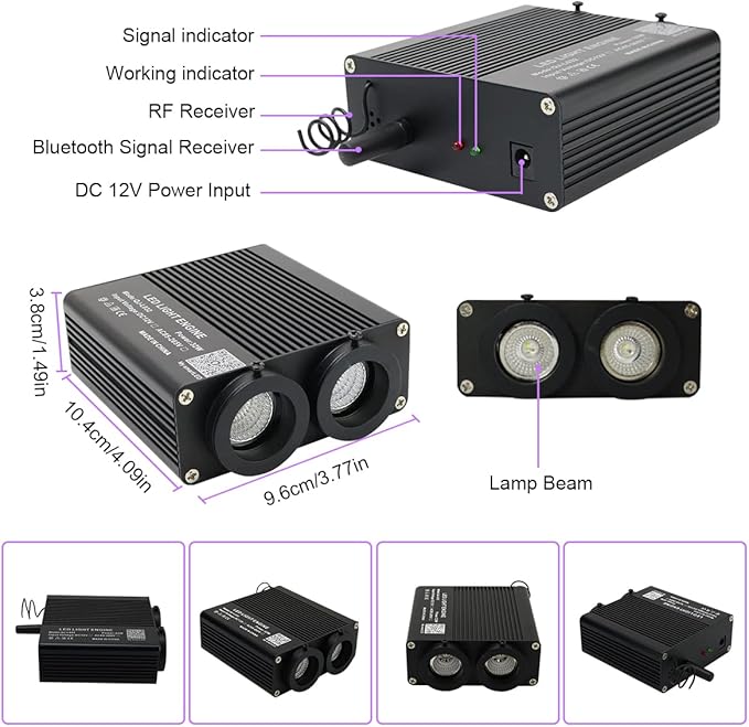 AZIMOM Dual Color 32W Sound Activated Fiber Optic Light Source RGBW Light Box Engine Diver Bluetooth/RF Remote Control Music Sensor Mode for Car Home Star Ceiling Decoration