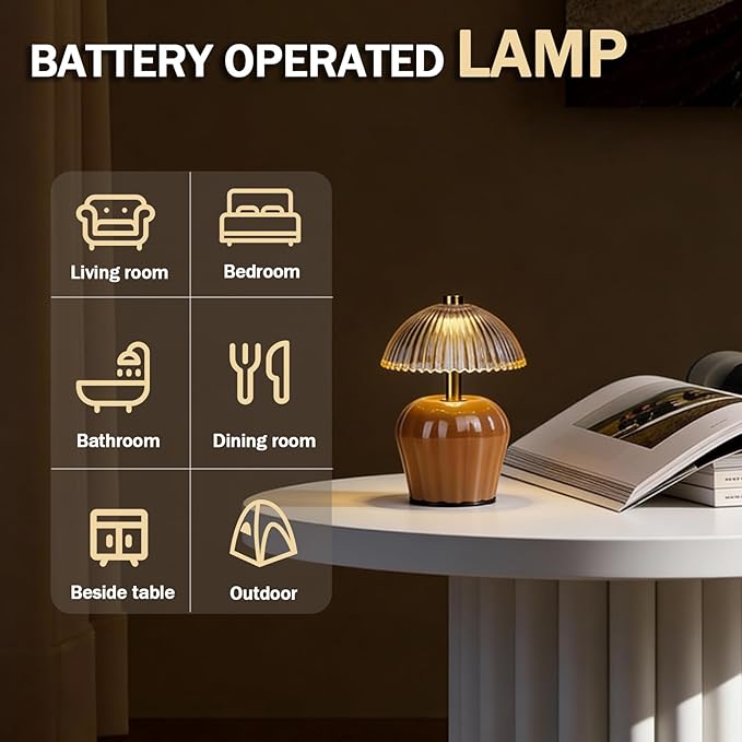 MJ PREMIER Small Cordless Lamp, Battery Operated Lamp with Timer, Mini Crystal Glass Mushroom Lampshade, Cute Small Table Lamps, Decorative Led Light for Bedroom Living Room Shelf (Brown)