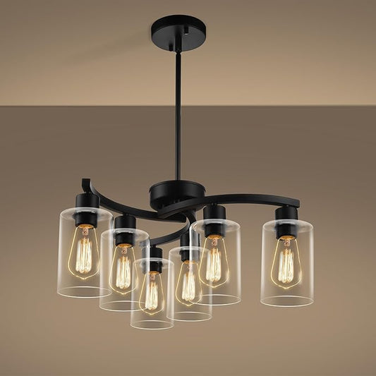 6-Light Modern Farmhouse Black Chandelier, Contemporary Dining Room Light Fixture, Adjustable Height Hanging Industrial Pendant Lights Kitchen Island, Clear Glass Shade