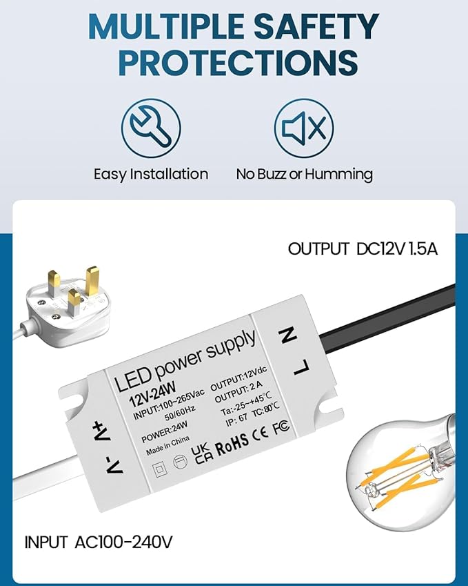 24W LED 12V Power Supply, IP67 Waterproof12 Volt LED Driver 110V AC to 12V DC Constant Voltage Converter 1.5A Transformer Adapter for LED Strip Light Indoor & Outdoor Use (2-Pack)