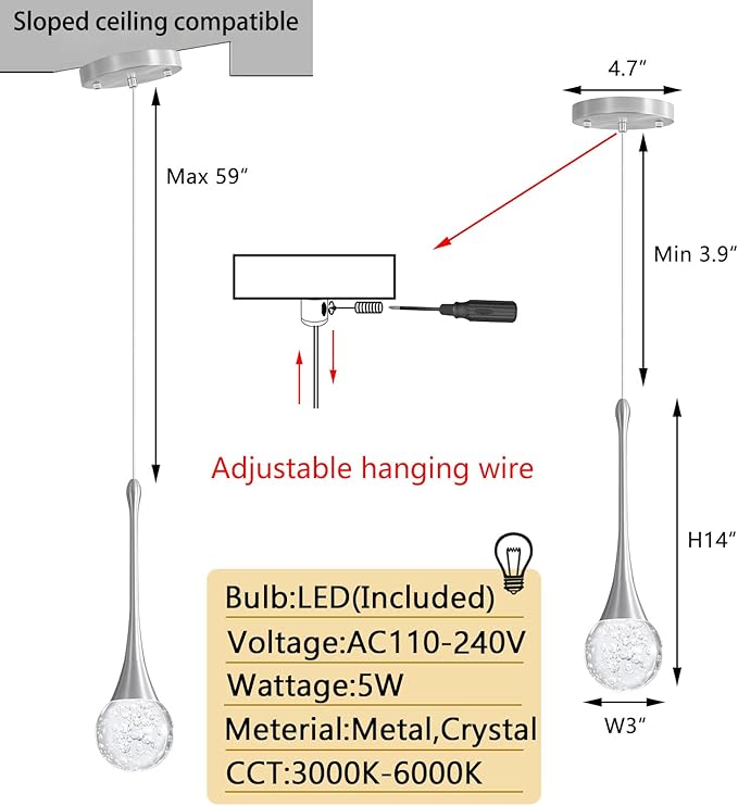 Modern Pendant Lights for Kitchen Island LED Dimmable Crystal Glam Ceiling Pendant Lighting for Dining Room Hallway Bedroom Corner Lamp Brushed Nickel