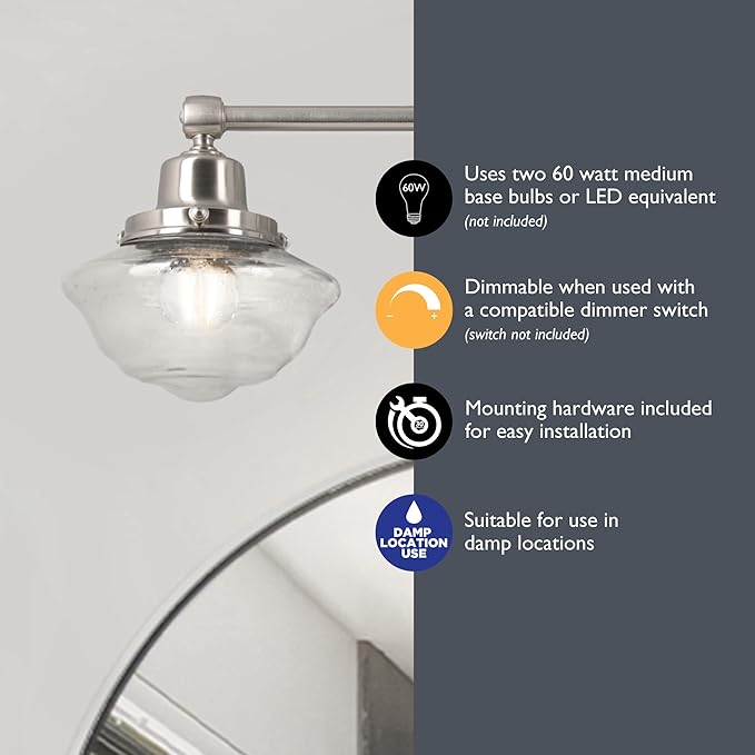 Design House Vintage-Inspired Schoolhouse 2-Light Dimmable Vanity Light, 16.875 in x 7.625 in x 9.5 in, Satin Nickel, Clear Seeded Glass Shades, 589135-SN