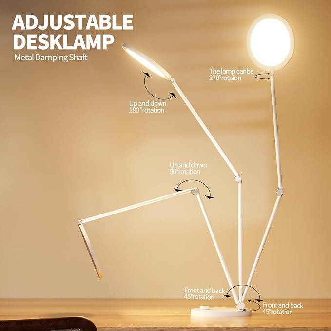Desk Lamp for Home Office, Metal Swing Arm Desk Light, 3 Mode Stepless Dimming Desktop Lamp, 14W 1200LM Computer Task LED Lamp, Desk Ring Light for Streaming, Podcasting, Video Calls, Conference