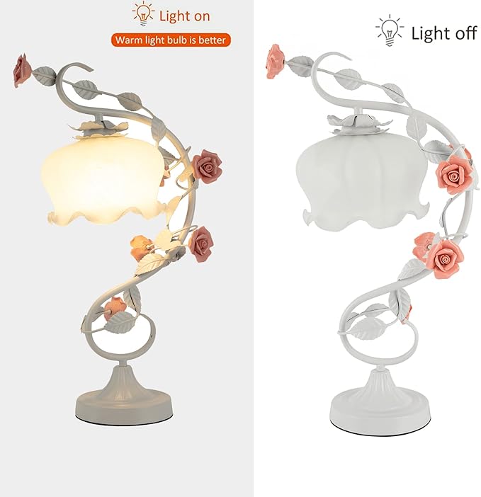 Flower Desk Lamp, E26 Glass Table Lamp Reading Light for Small Space Bedroom Home Office, Bedside Lamp with Soft Light, Applicable 3-5m² Area (White, 5.5" W x 20.4" H)