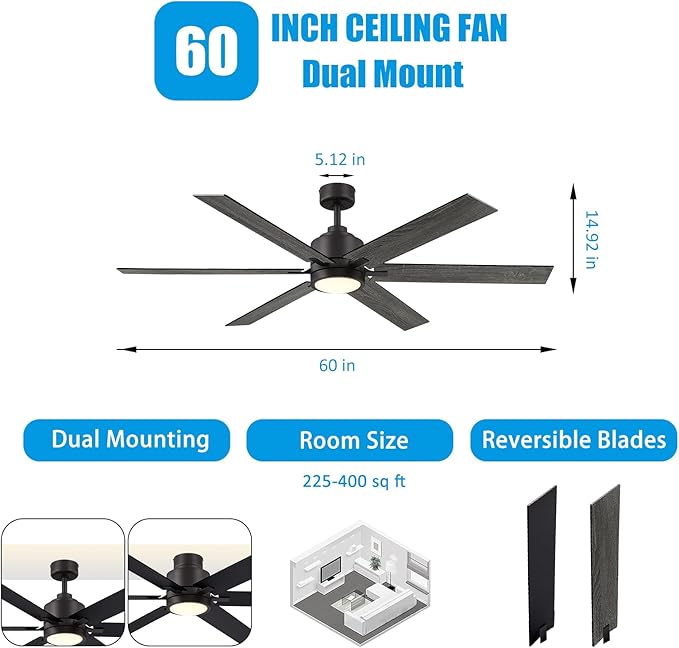 60 Inch Ceiling Fan with Light and Remote, Farmhouse Large Industrial Ceiling Fan for Living Room, Dining Room, Reversible DC Motor, 6 Speed, Black Bronze