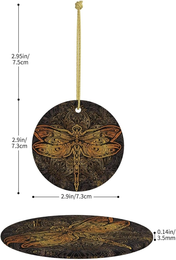 Exquisite Golden Dragonfly Mandala Christmas Ornaments, Christmas Decorations Xmas Tree Hanging Ornaments, Round Ceramic Festive Keepsake Gift for Christmas Decorations Holiday Home Party Decors