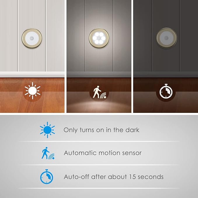 AMIR Upgraded 3.15” Motion Sensor Light Indoor, Cordless Battery Powered Stick on LED Night Lights for Closet, Stair, Under Cabinet, Hallway, Kitchen (Golden - White)
