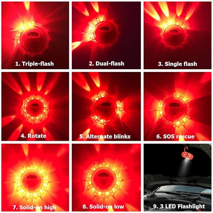 USB Rechargeable LED Road Flares Emergency Lights-Roadside Warning Car Safety Beacon Flashing Disc Flare Kit with Magnetic Base for Vehicles & Boat | 3 Beacon Disc Pack