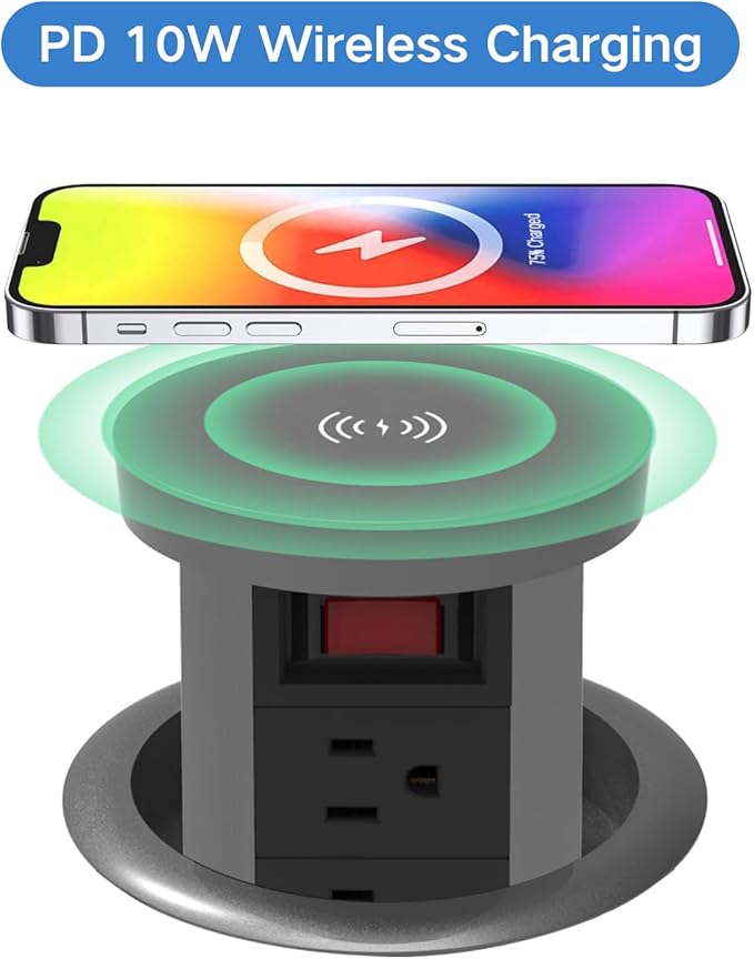Pop up Outlet for countertop 4.72in Desk Grommet Power Station PD20W USB C 4 Outlets 3 USB Ports 1 Wireless charger 15A Outlets Fast charging Space Saver Outlet for Kitchen Office 6ft Cord